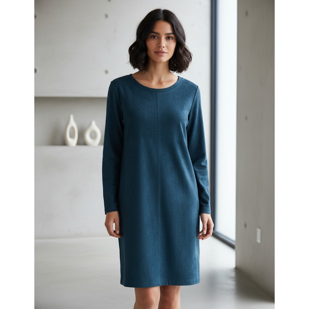 JOH Aurora Dress Faux Suede Blue LS Pockets Shift Minimalist Office Size S